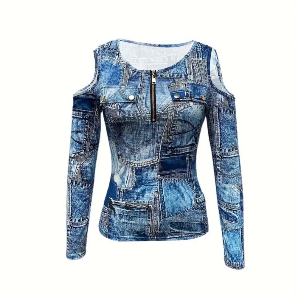 Stylish Blue Denim Print Cold Shoulder Top - Picture 4 of 4
